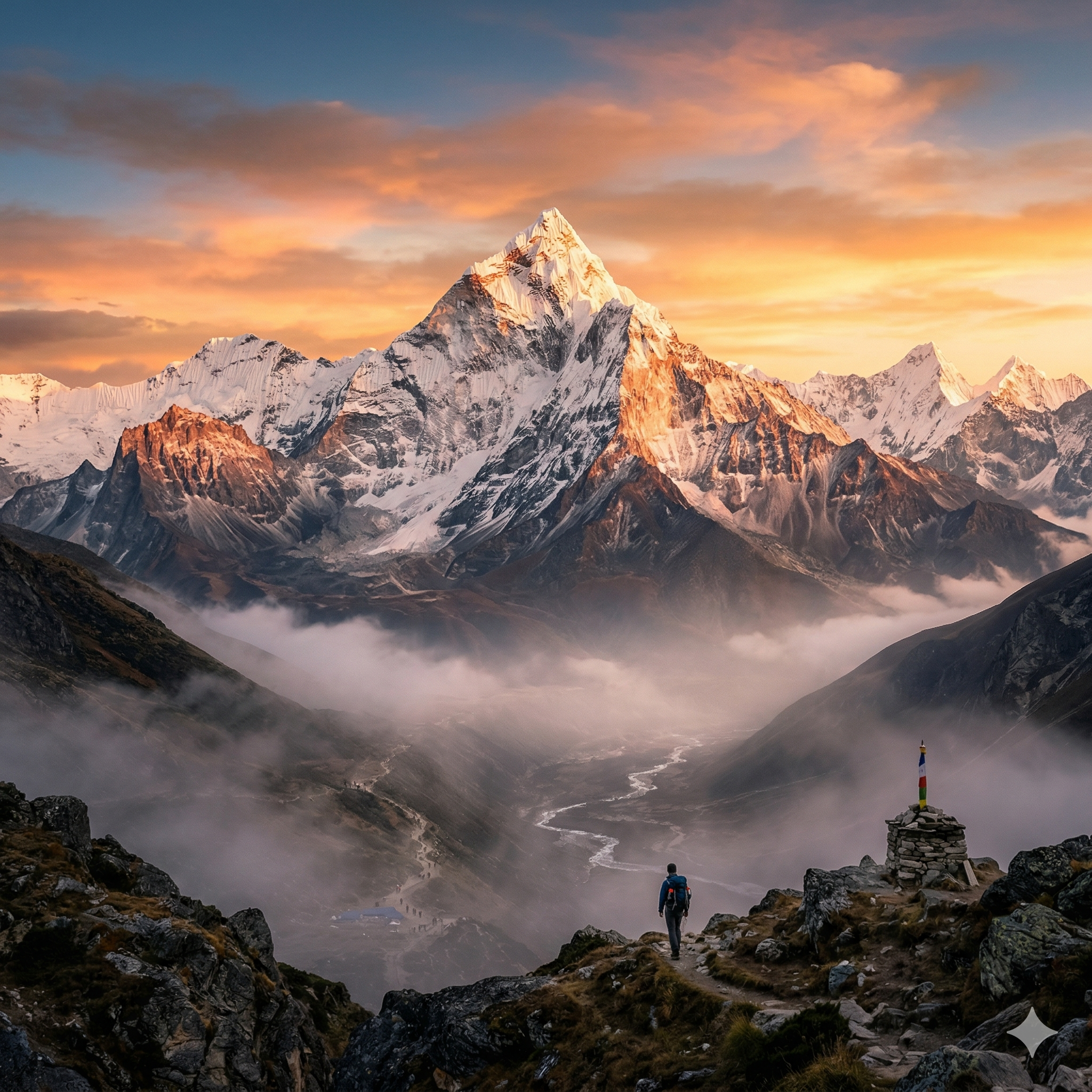 Misty Himalayan mountains at blue hour